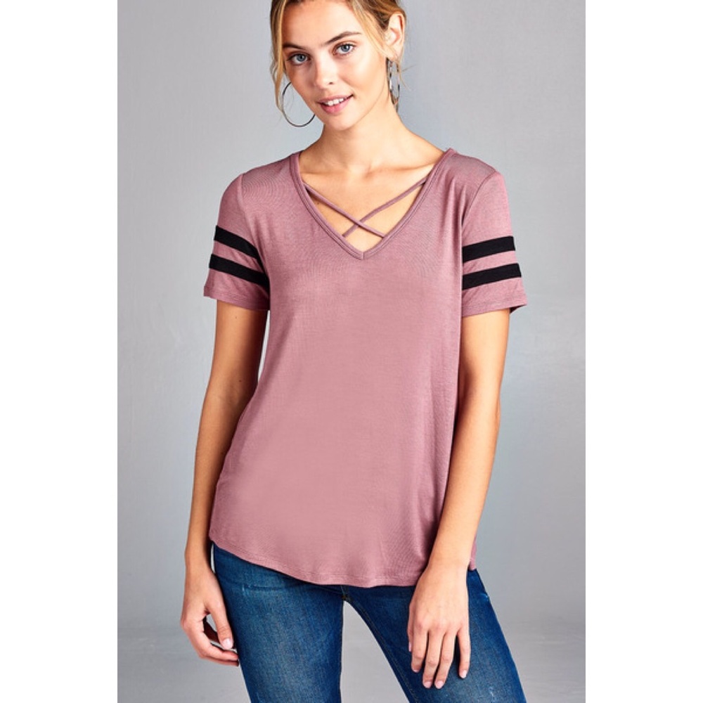 stripe v-neck w/cross strap